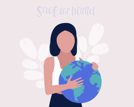 Save the planet concept. Woman holding the planet. Colorful flat vector illustration.のイラスト素材