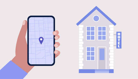 Hand hold smartphone with navigation app. Hotel search. Colorful flat vector illustrationのイラスト素材