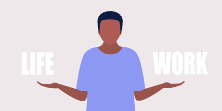 Choice concept. Young man choosing between life and work. Colorful flat vector illustration.のイラスト素材