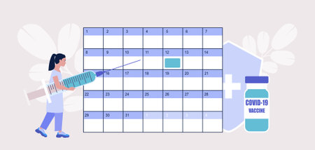 Vaccine concept. Young woman with syringe against and vaccine calendar. Vector illustration in a flat styleのイラスト素材
