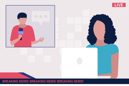 Breaking news concept. Breaking news on tv, broadcasting journalist, presenter, news program author. Vector illustration in a flat styleのイラスト素材
