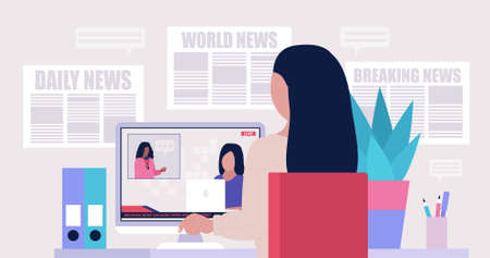 Woman reading and watching the news on the computer. Vector illustration in a flat style.