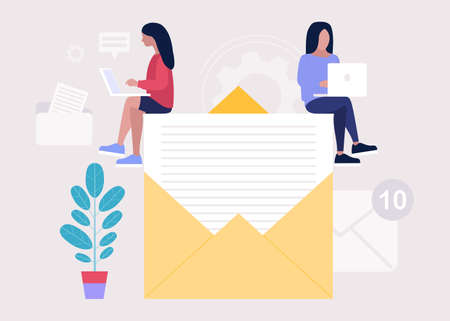 Contact us concept. People with laptops work on a big letter. Vector icon for website information. Colorful flat illustrationのイラスト素材