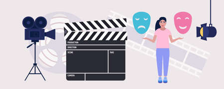 Film making concept. Character with masks in front of camera and light. Colorful flat vector...