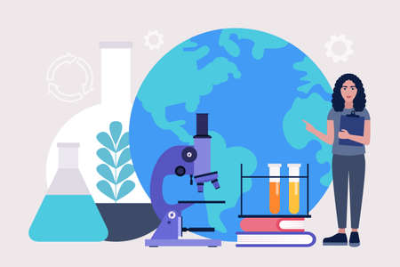 Ecology concept. Save the planet. Ecologist taking care of Earth. Colorful flat vector illustration.のイラスト素材
