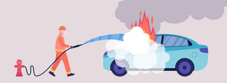 Firefighting Emergency Concept. Firefighter character with rescue equipment extinguish the car....