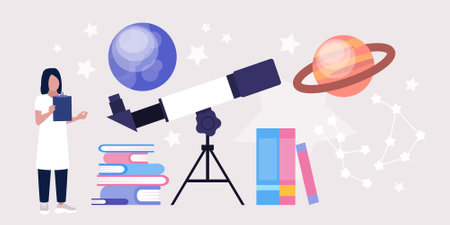 Astronomy concept. Astronomer looking through a telescope at the stars and planets. Colorful flat vector illustration.のイラスト素材