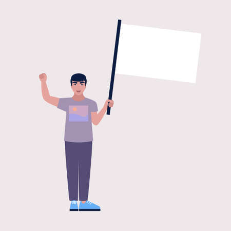 Activist holds a flag. Demonstration, revolution, protests illustration. Vector illustration in a...