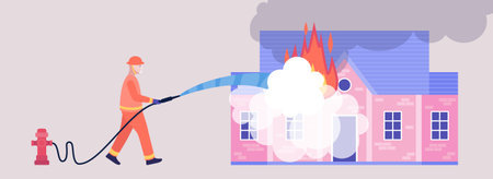 Firefighting Emergency Concept. Firefighter character with rescue equipment extinguish the car. Colorful flat vector illustration.のイラスト素材