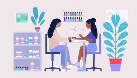 Manicure service concept. Manicure master is doing a manicure in the beauty salon. Colorful flat vector illustrationのイラスト素材