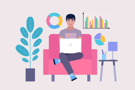 Business analysis concept. Young character analyzes infographic, project, statistics. Vector...