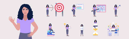 Set of businesswoman. Worker character collection. Colorful flat vector illustration