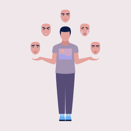 Character with different masks of emotions. Vector illustration in a flat style