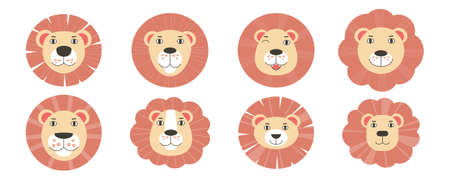 Set of different lion heads. Vector illustration in a flat styleのイラスト素材