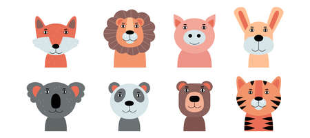 Set of different animal heads. Vector illustration in a flat style