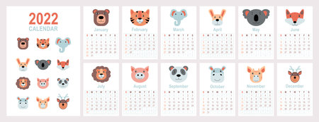 Calendar 2022 with cute animals. Vector illustration in a flat styleのイラスト素材