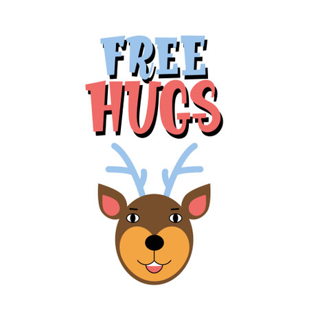 Deer head illustration. Free hugs phrase. Vector illustration in a flat styleのイラスト素材