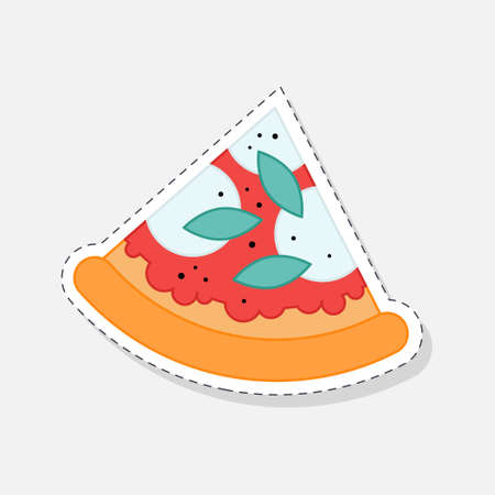 Pizza Margherita with mozzarella and basil. Vector sticker in a flat styleのイラスト素材