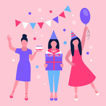 Birthday party. Women with gift, cake and balloons. Colorful flat vector illustrationのイラスト素材