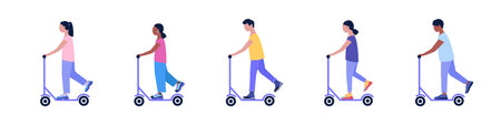 A collection of people on scooters isolated on a light background. Colorful flat vector illustrationのイラスト素材