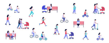 Group of walking people. Outdoor activities, family walks, dating, work. Colorful flat vector...
