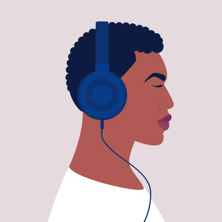 Character listen to music on headphone. Audio books. Meditation. Lecture. Vector illustration in a flat styleのイラスト素材