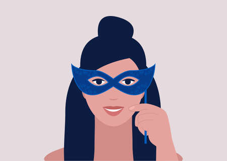 Character holding carnival mask in her hand. Vector illustration in a flat styleのイラスト素材