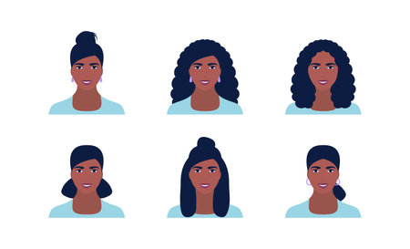 Set of young woman with various hairstyles. Vector illustration in a flat styleのイラスト素材
