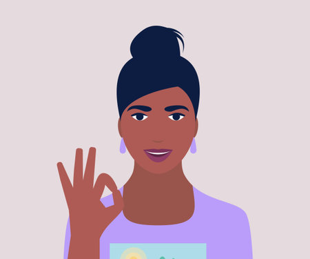 Character shows okay by hand. Vector illustration in a flat styleのイラスト素材