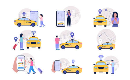 Taxi service concept. People using online taxi service. Colorful flat vector illustration.のイラスト素材