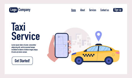 Taxi service concept. Character using online taxi service. Landing page. Colorful flat vector illustration.のイラスト素材