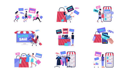 Shopping concept. Online shopping via smartphone and computer. Super and mega sale. Black Friday. Colorful flat vector drawing.のイラスト素材