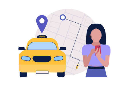 Taxi service concept. Character using online taxi service. Landing page. Colorful flat vector illustration.のイラスト素材