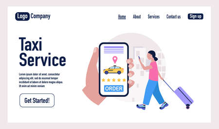 Taxi service concept. Character using online taxi service. Landing page. Colorful flat vector illustration.のイラスト素材