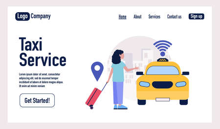 Taxi service concept. Character using online taxi service. Landing page. Colorful flat vector illustration.のイラスト素材
