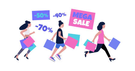 Shopping concept. Running women. Super and mega sale. Black Friday. Colorful flat vector drawing.のイラスト素材