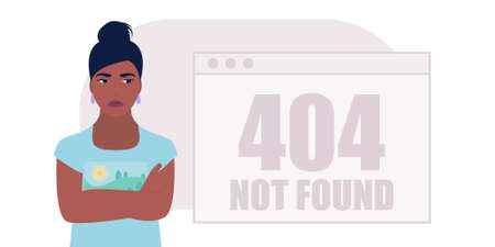 Website 404 error concept. Young woman with computer. Colorful flat vector illustration