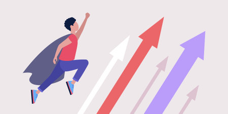 Super hero flying towards business growth, target. Successful business or career. Vector...