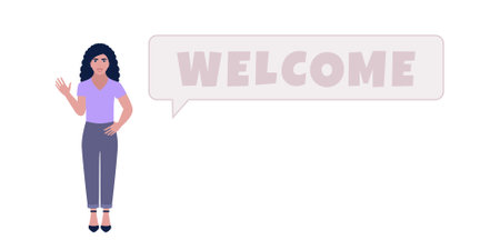 Welcome concept. Greeting character with welcome. Vector illustration in a flat styleのイラスト素材