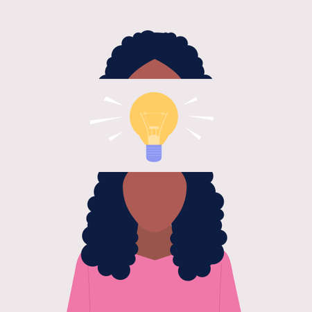 Character with idea light bulb head concept. Idea brainstorming. Vector illustration in a flat style.のイラスト素材