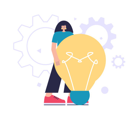 Character with a light bulb. Idea brainstorming concept. Vector illustration in a flat style.のイラスト素材
