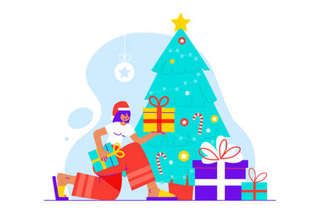 Young woman puts gifts under the Christmas tree. New Year and Christmas theme. Vector illustration in a flat styleのイラスト素材