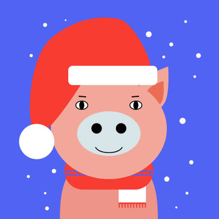 Pig head in Christmas hat. New Year and Christmas theme. Vector illustration in a flat styleのイラスト素材