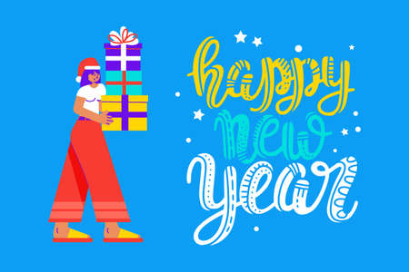 Young woman holding gifts. Handwritten style font, text card. New Year and Christmas theme. Vector illustration in a flat styleのイラスト素材
