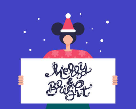 Character with new year or Christmas poster. New Year and Christmas theme. Vector illustration in a flat styleのイラスト素材