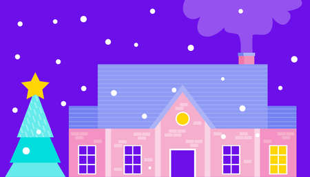 New Year card. House in the winter forest. New Year and Christmas theme. Vector illustration in a flat styleのイラスト素材