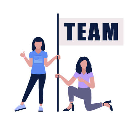 Characters holding a flag with the words team. Vector illustration in a flat styleのイラスト素材