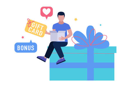 Character is sitting on a large gift and holding a gift card. Vector illustration in a flat styleのイラスト素材