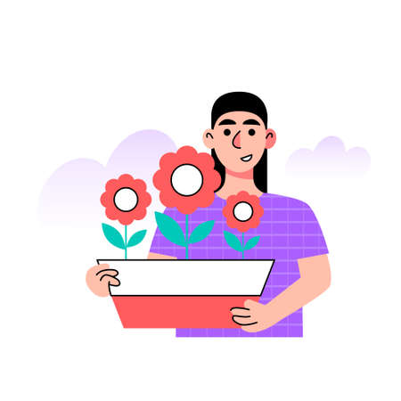 inspiration concept. Character holds a pot of flowers . Vector illustration in a flat styleのイラスト素材