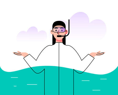 masked character underwater. Vector illustration in a flat styleのイラスト素材